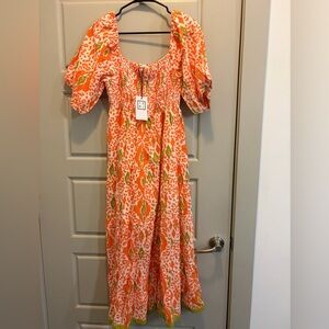 THML Orange and White Smocked Maxi Dress with Green Accents
